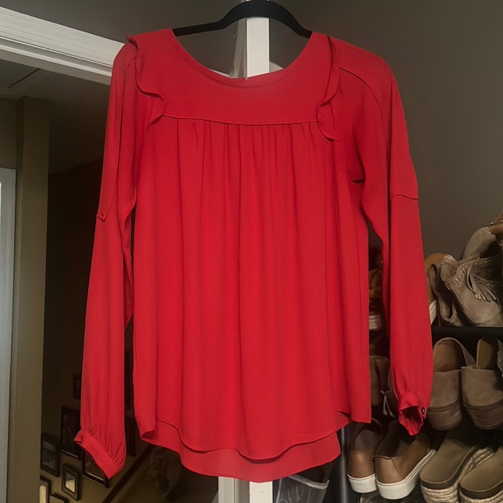 Blouse from loft. Coral color. Like new. Front, back, and sleeve detail.
